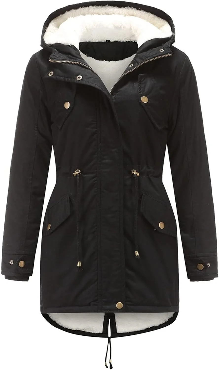 کاپشن زمستانی زنانه KEAIDO با آستر پشمی، کلاه دار، ضخیم، گرم، مدل پارکا، کت کوتاه پفی با جیب، لباس بیرونی پنبه ای Sherpa، مشکی، سایز S