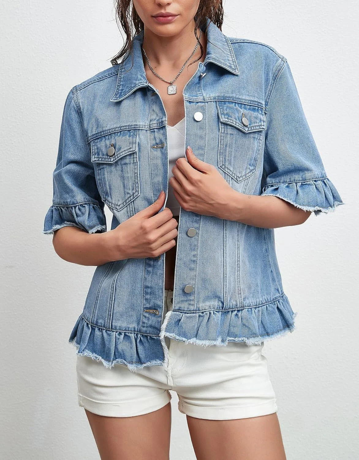 کت جین آستین کوتاه زنانه Kedera، ژاکت سبک وزن جین آبی، تاپ تابستانی با آستین چین دار