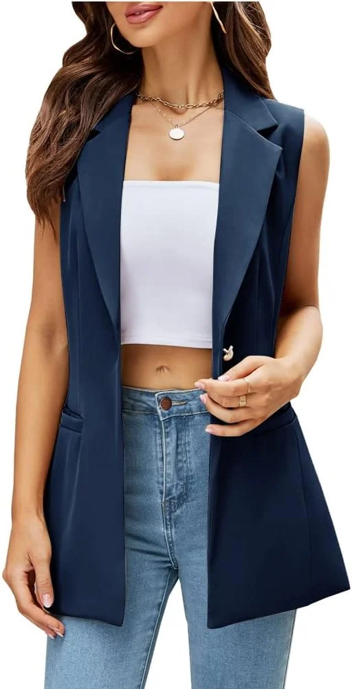 جلیقه کت بلند بدون آستین زنانه کِدِرا، یقه برگردان، مناسب استایل کژوال و محیط کار