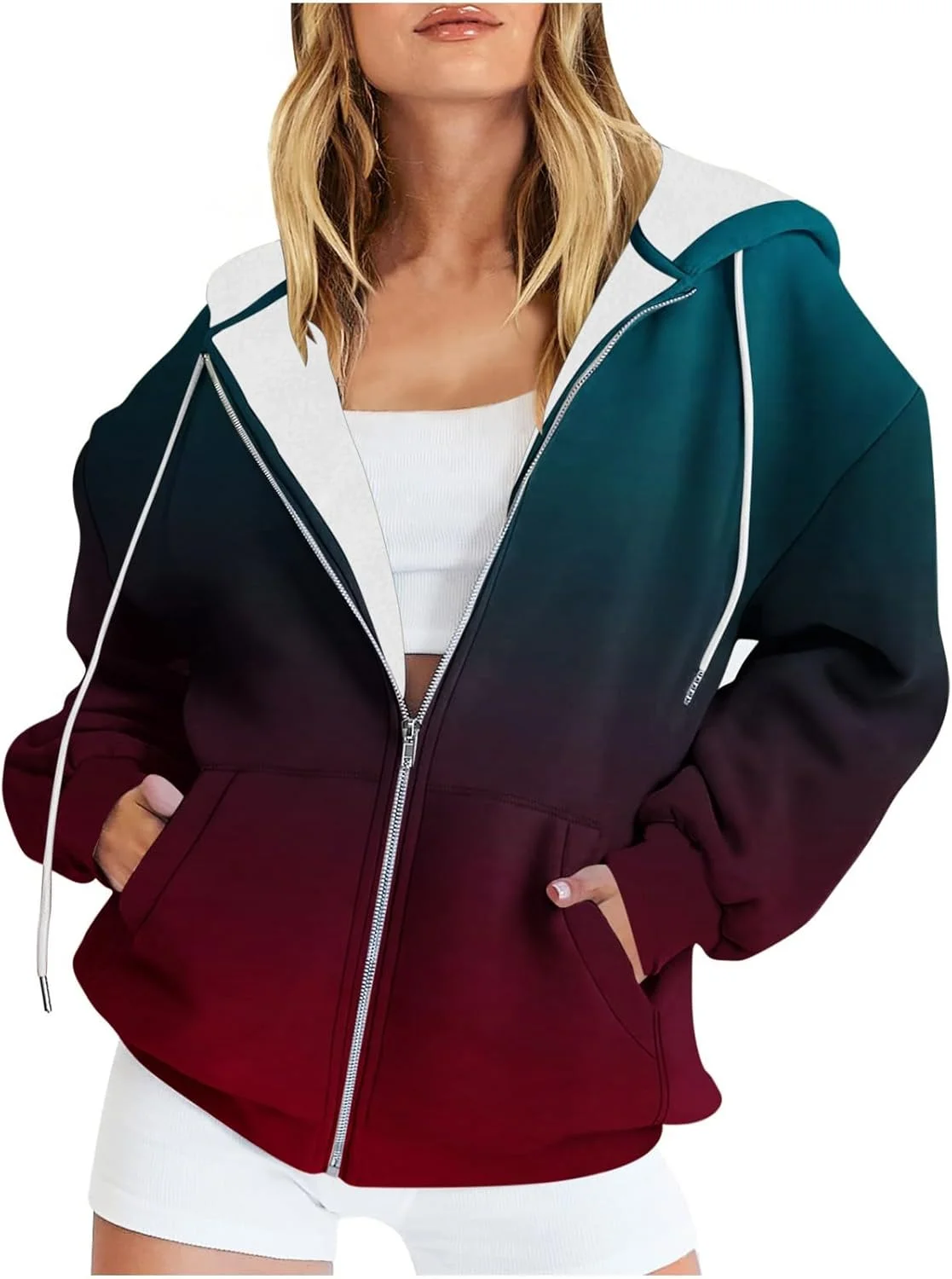 ژاکت های پشمی گرم زمستانی زنانه، هودی های زیپ دار، ژاکت های ضخیم و راحت، سوییشرت گشاد گرادیانی با جیب