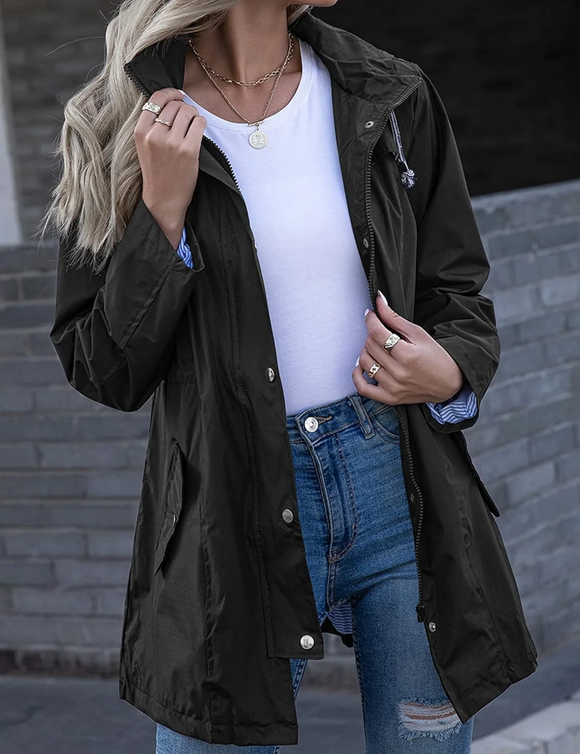 بارانی زنانه Kikibell، راه راه، دارای آستر، کلاه دار، سبک وزن، ضد آب، بادگیر مناسب فضای باز