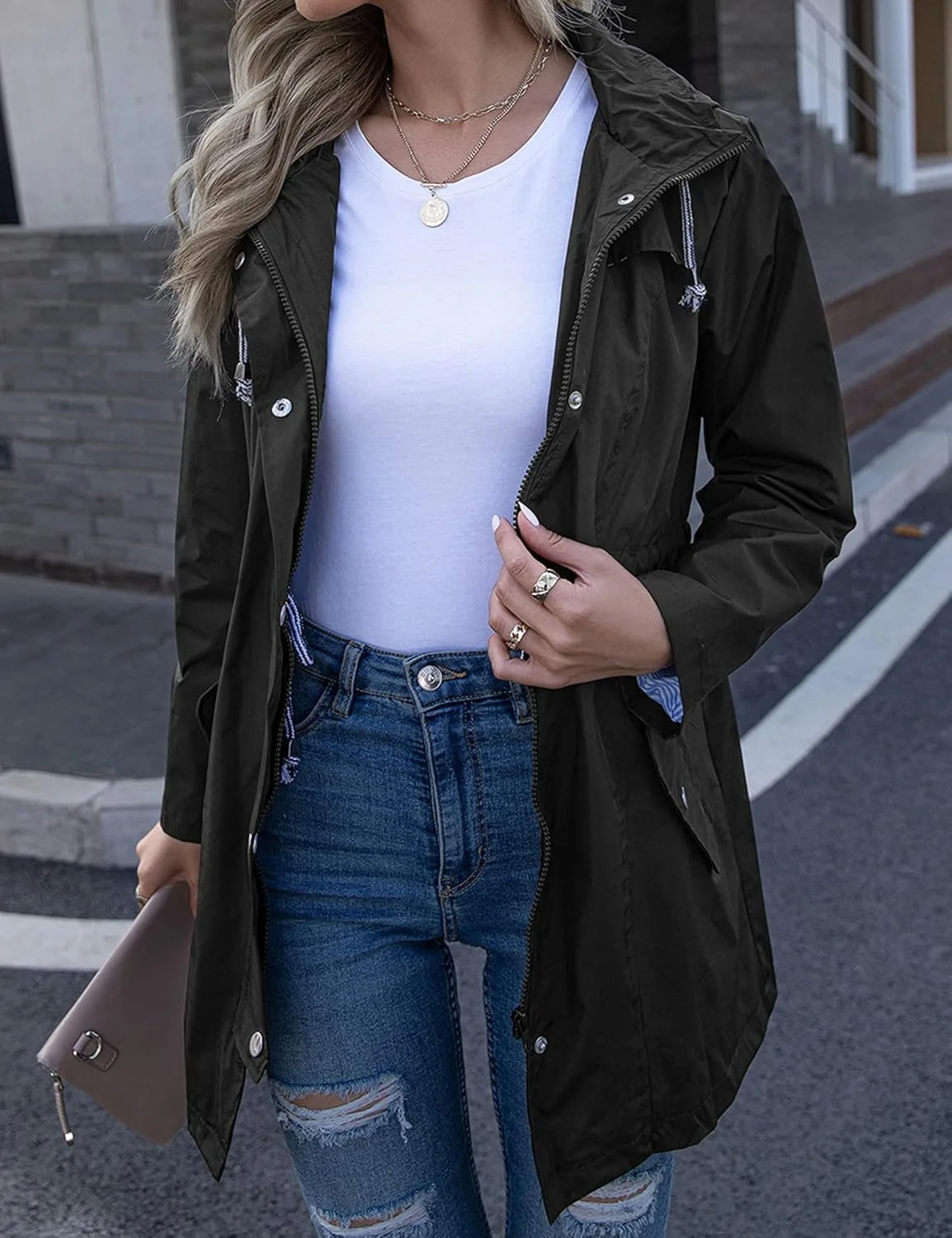 بارانی زنانه Kikibell، راه راه، دارای آستر، کلاه دار، سبک وزن، ضد آب، بادگیر مناسب فضای باز