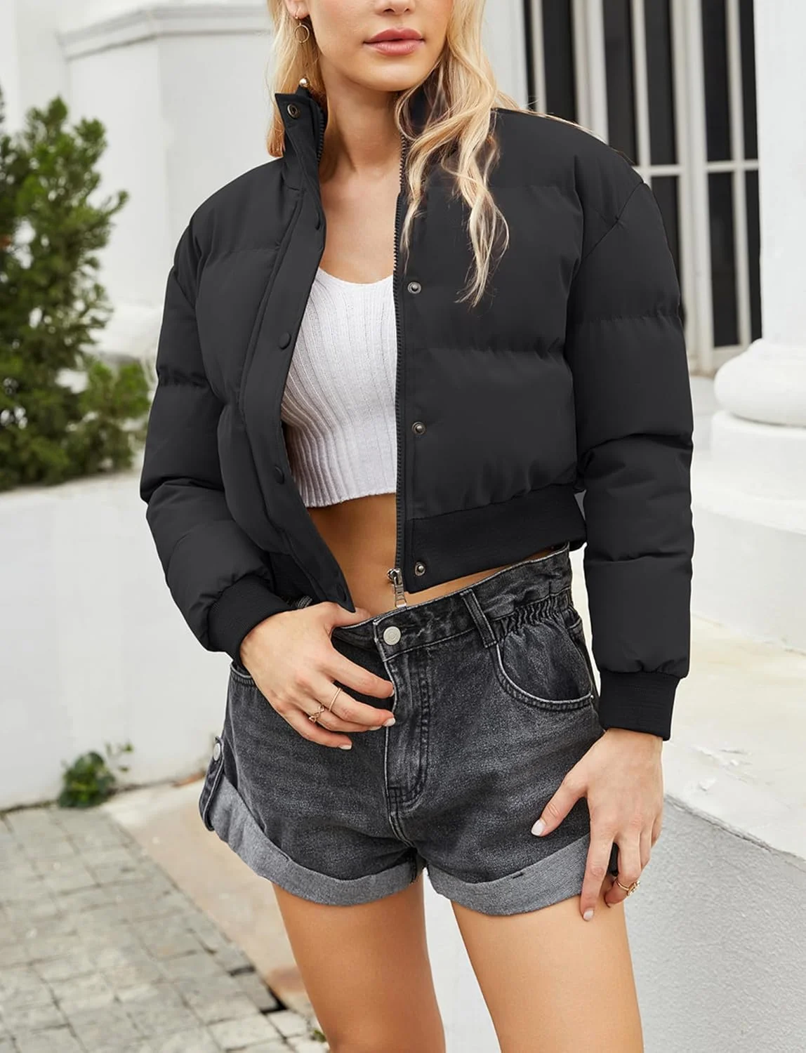 کت پفی کوتاه زنانه KEOYA، گرم و سبک، آستین بلند، یقه ایستاده، مناسب زمستان