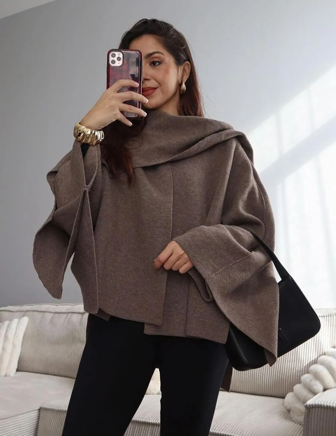 شال ژاکت زنانه Kissonic، شال گردن بافتنی آستین بلند دکمه دار زمستانی