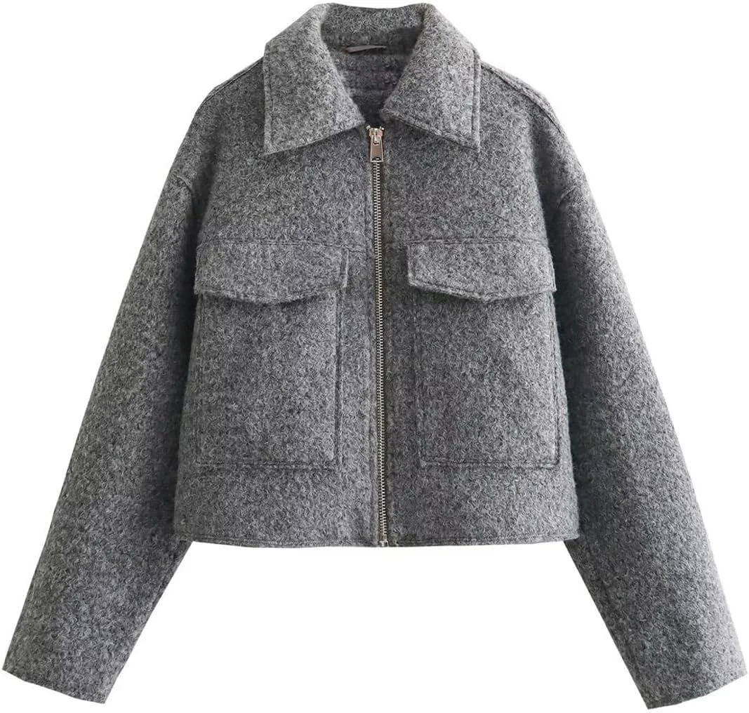 کت پشمی زنانه لانگوی، ژاکت کوتاه، آزاد، غیررسمی، یقه برگردان، زیپ دار، شیک، زیبا، گرم