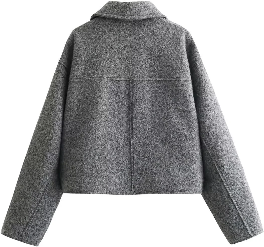 کت پشمی زنانه لانگوی، ژاکت کوتاه، آزاد، غیررسمی، یقه برگردان، زیپ دار، شیک، زیبا، گرم