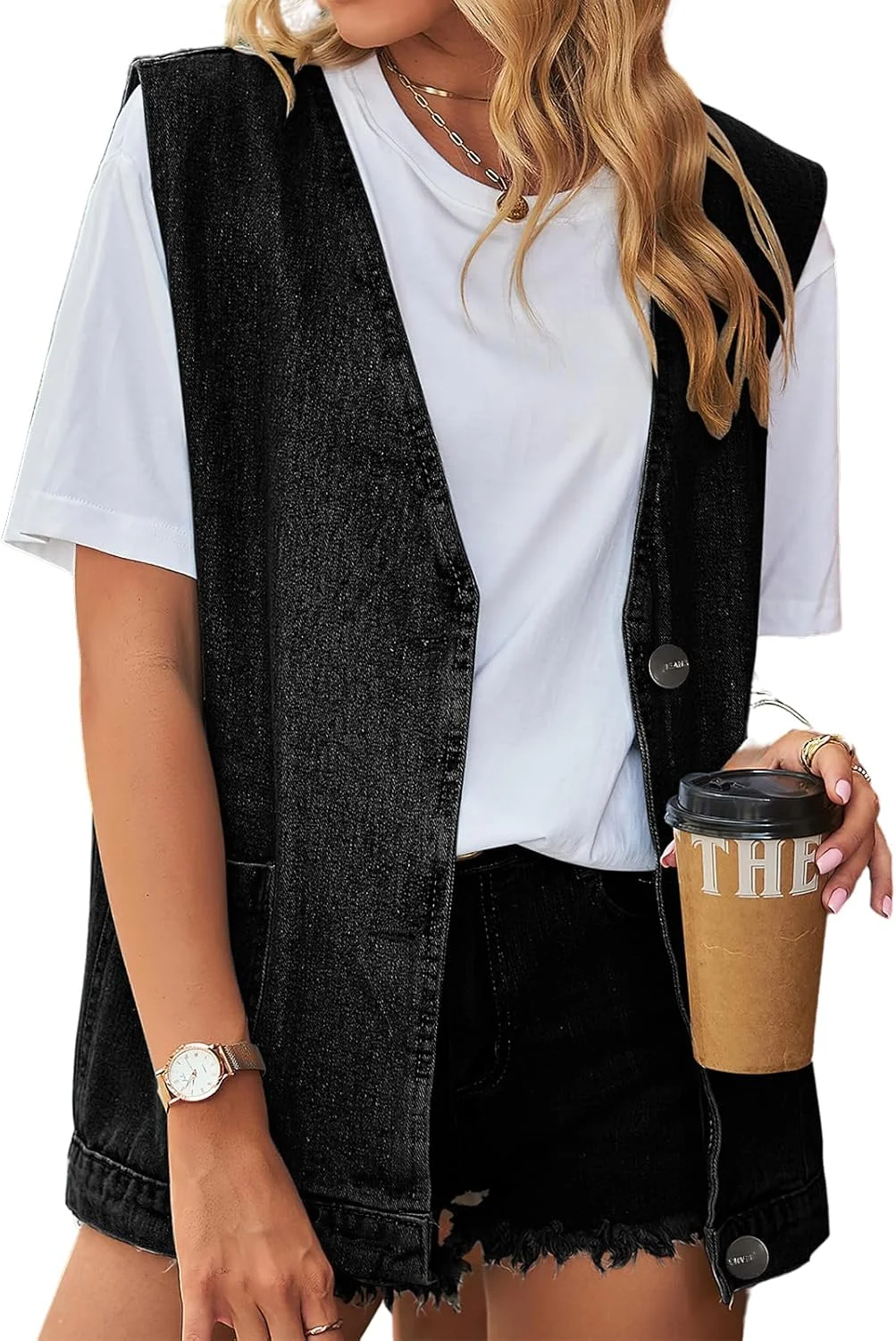 جلیقه جین زنانه بدون آستین دکمه دار و بزرگ