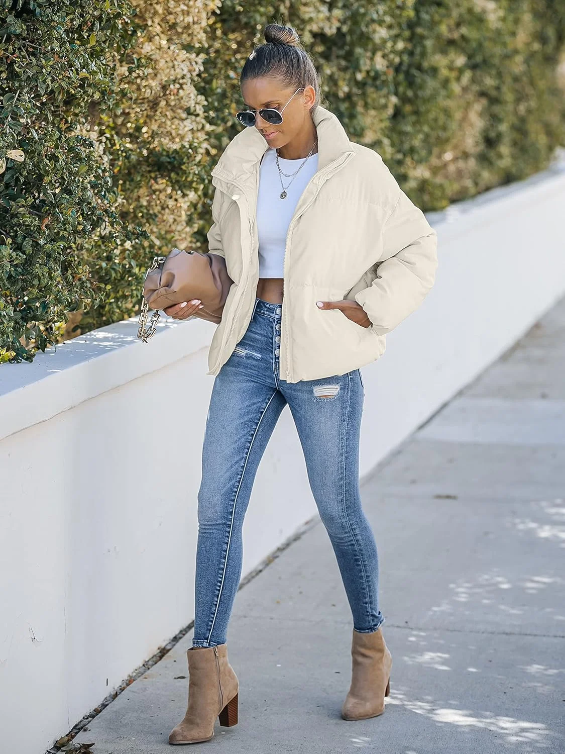 کاپشن پفی آستین بلند زیپ دار زنانه MEROKEETY، یقه ایستاده، کوتاه و جادار با جیب کاپشن پفی آستین بلند زیپ دار زنانه MEROKEETY، یقه ایستاده، کوتاه و جادار با جیب