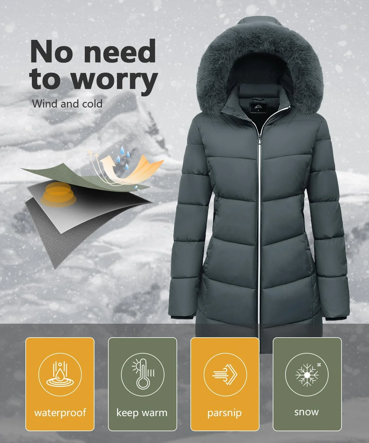 کاپشن پفی گرم و ضد باد زمستانی زنانه MOERDENG، ضد آب و ضخیم با کلاه