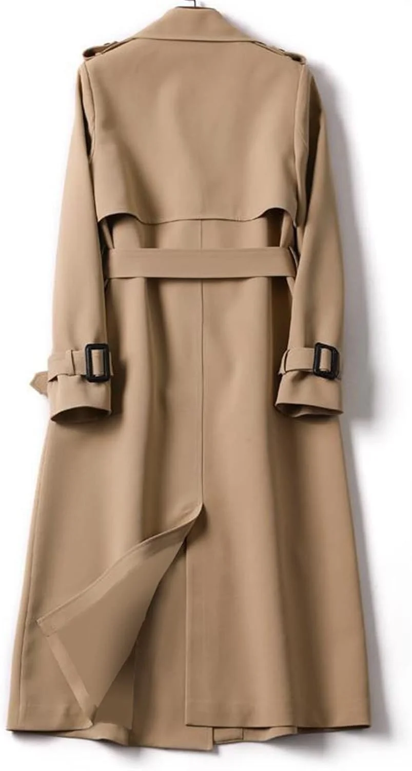 بارانی زنانه مدل ترنچ، استایل کره‌ای، کت فشن ترنچ دبل برست بلند با کمربند، کت ظریف مناسب محیط کار (رنگ: قهوه‌ای، سایز: مدیوم)