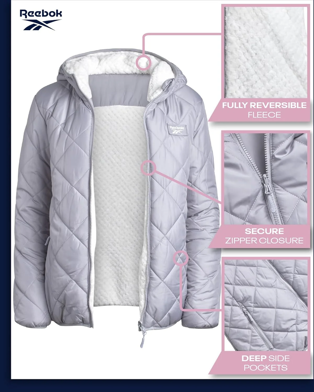 کاپشن پفی دو طرفه زنانه ریباک، پشم گوسفند نما، سایز L (بسته 1 عددی)