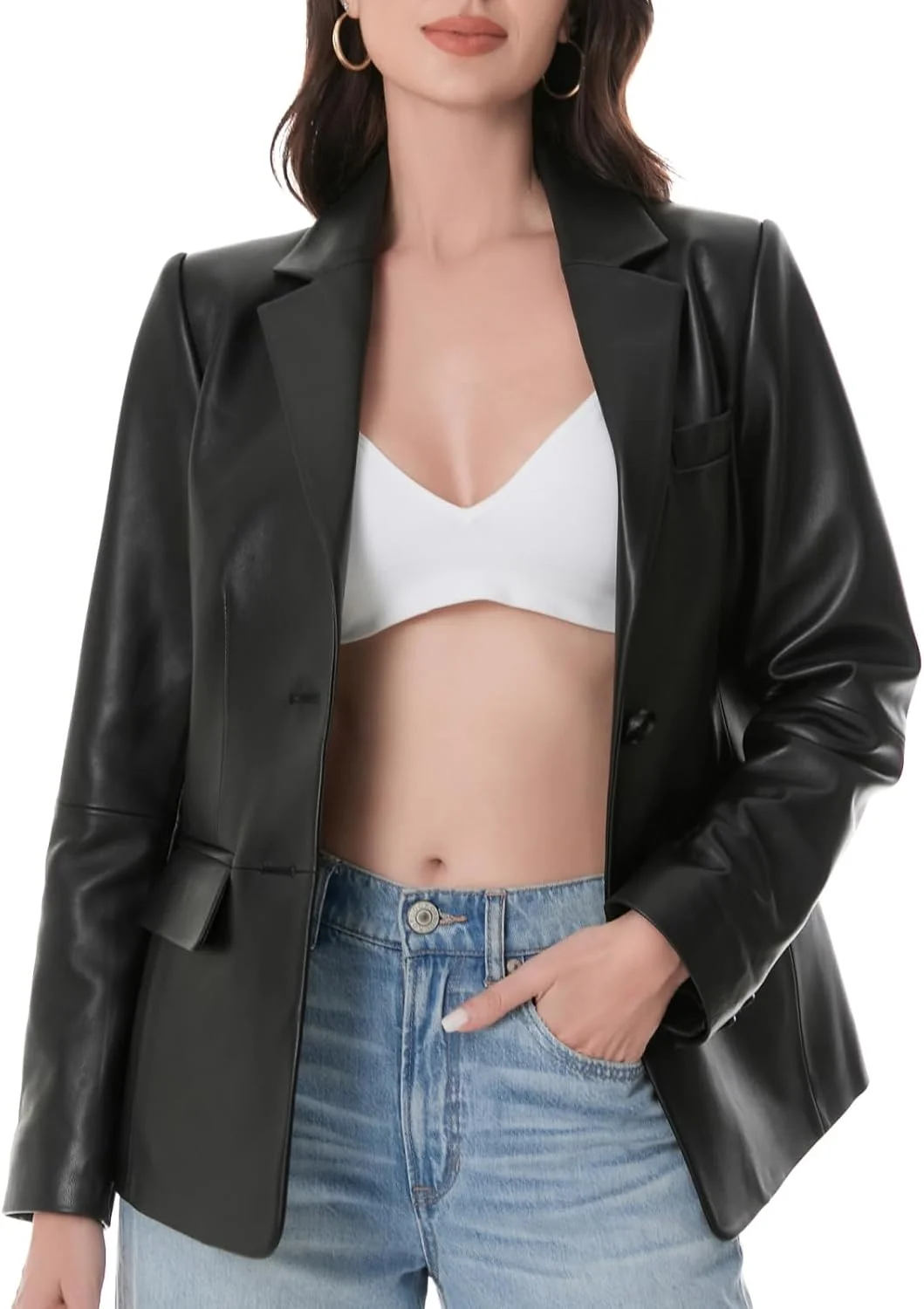 کت چرم زنانه نقره ای فشن، کت بلیزر چرمی آستین بلند دکمه دار، یقه برگردان، سبک غیر رسمی، دارای جزئیات هواکش