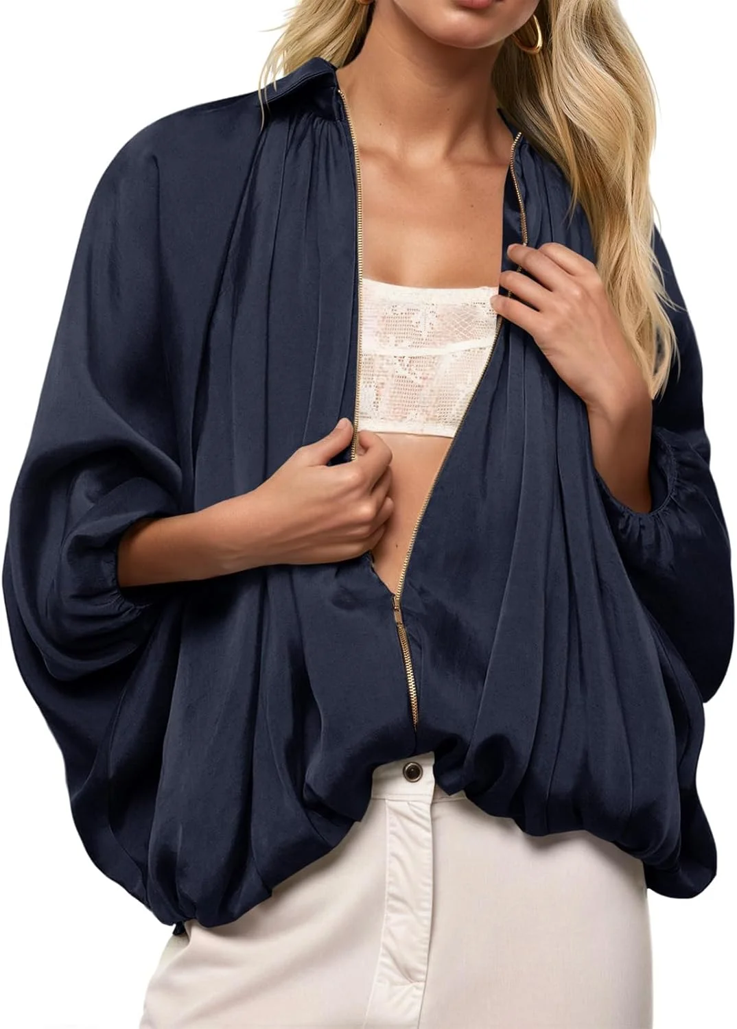 کت بمبر زنانه Tankaneo، آستین خفاشی بزرگ، زیپ‌دار، پفی، یقه برگردان، لباس بیرونی پلیسه‌دار