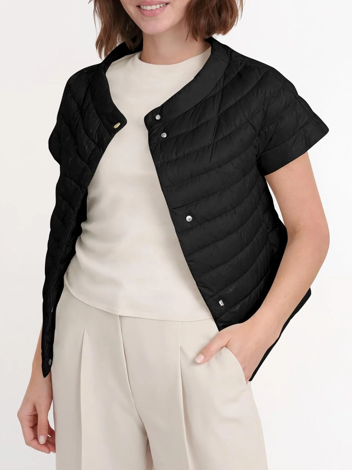 وست پفی زنانه Tankaneo، دکمه دار، آستین کوتاه، ژاکت زمستانی، کاپشن های لحافی سبک وزن غیر رسمی