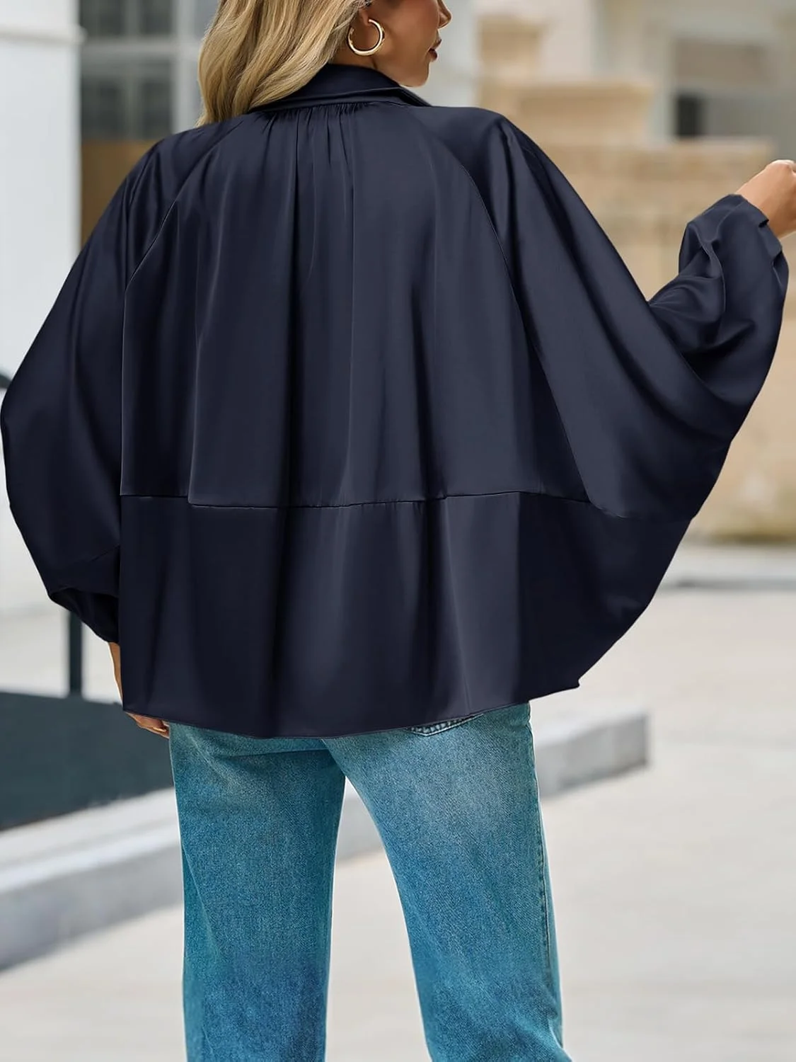 کت بمبر زنانه Tankaneo، آستین خفاشی بزرگ، زیپ‌دار، پفی، یقه برگردان، لباس بیرونی پلیسه‌دار