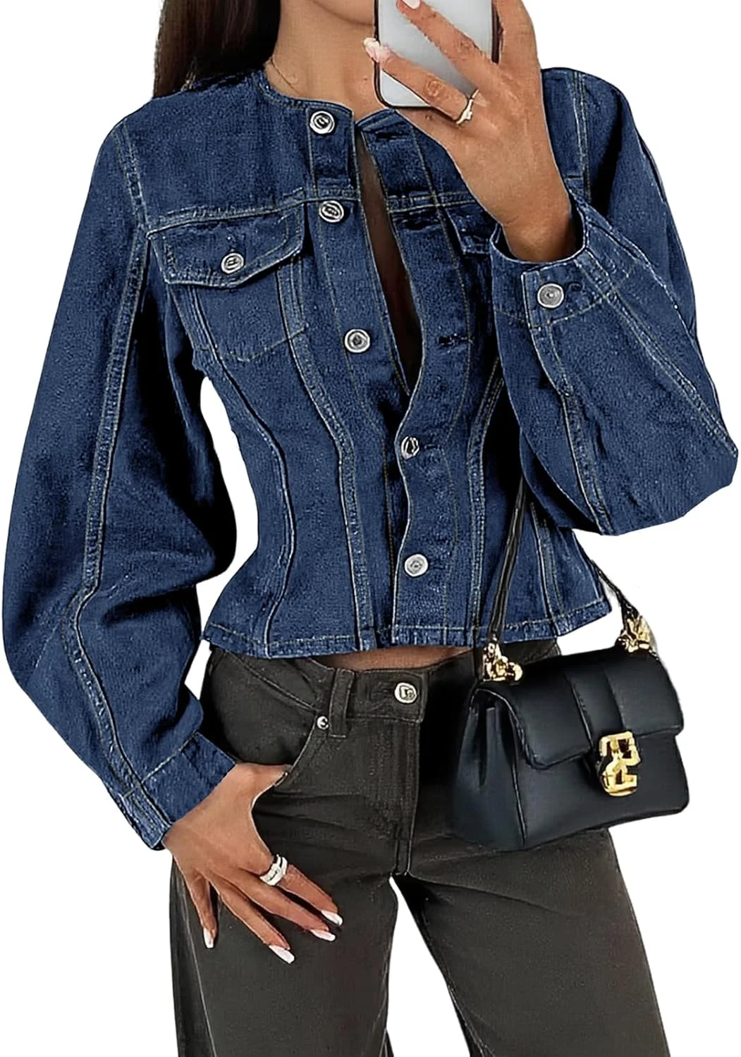 کت جین کوتاه زنانه Tankaneo، مدل یقه گرد دکمه دار، کت جین کوتاه Y2k، مدل جذب و شیک کت جین کوتاه زنانه Tankaneo، مدل یقه گرد دکمه دار، کت جین کوتاه Y2k، مدل جذب و شیک