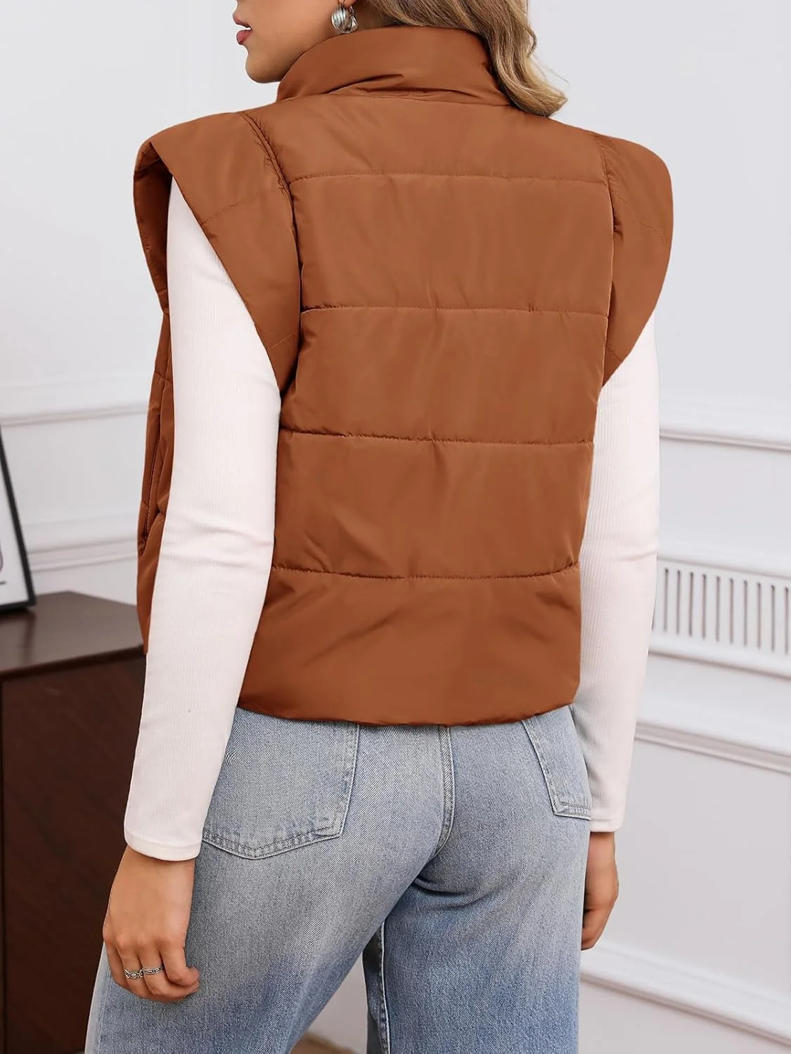 وست پفی کوتاه زنانه Tankaneo، آستین کلاهی، ژاکت زیپ دار پفی، یقه ایستاده، کت ژیله پد دار، لباس بیرونی زمستانی