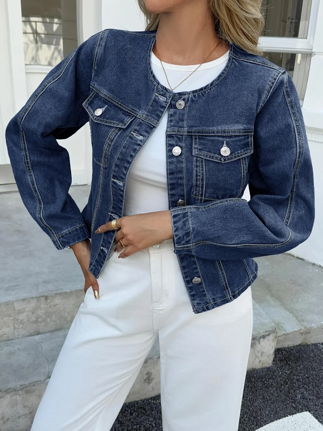 کت جین کوتاه زنانه Tankaneo، مدل یقه گرد دکمه دار، کت جین کوتاه Y2k، مدل جذب و شیک