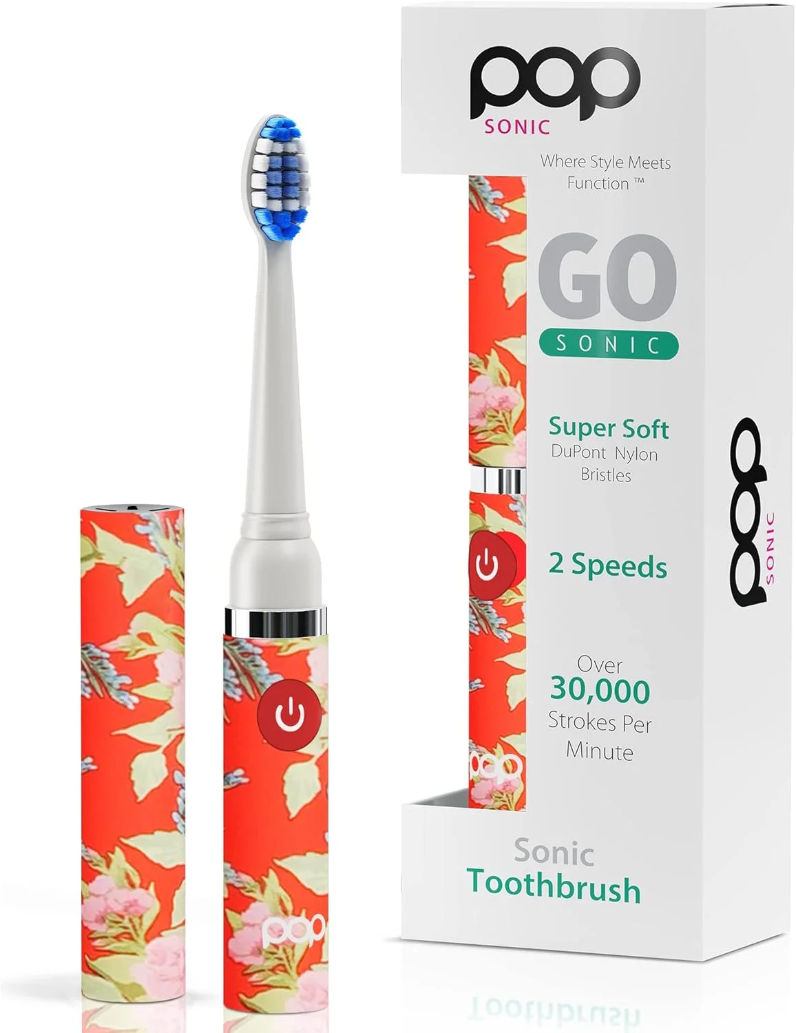 مسواک برقی پاپ سونیک (طرح گل قرمز) - مسواک های مسافرتی با باتری AAA | مسواک برقی کودکانه با 2 سرعت و 15000-30000 ضربه در دقیقه، برس های نایلونی Dupont