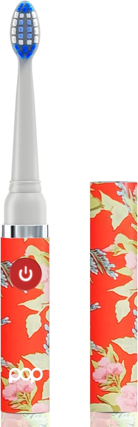 مسواک برقی پاپ سونیک (طرح گل قرمز) - مسواک های مسافرتی با باتری AAA | مسواک برقی کودکانه با 2 سرعت و 15000-30000 ضربه در دقیقه، برس های نایلونی Dupont