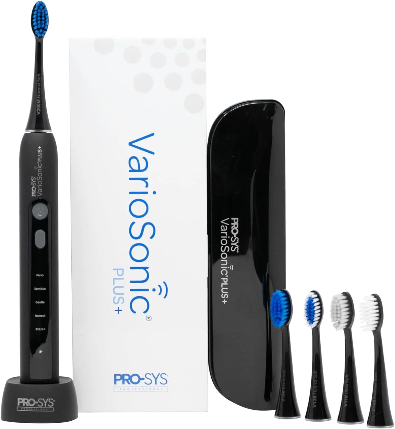 کیت کامل مسواک برقی حرفه ای PRO-SYS® VarioSonic Plus+، مسواک شارژی با جعبه مسافرتی، 5 سری مسواک، 5 حالت، باتری فوق العاده بادوام، سنسور فشار و تایمر (مشکی)