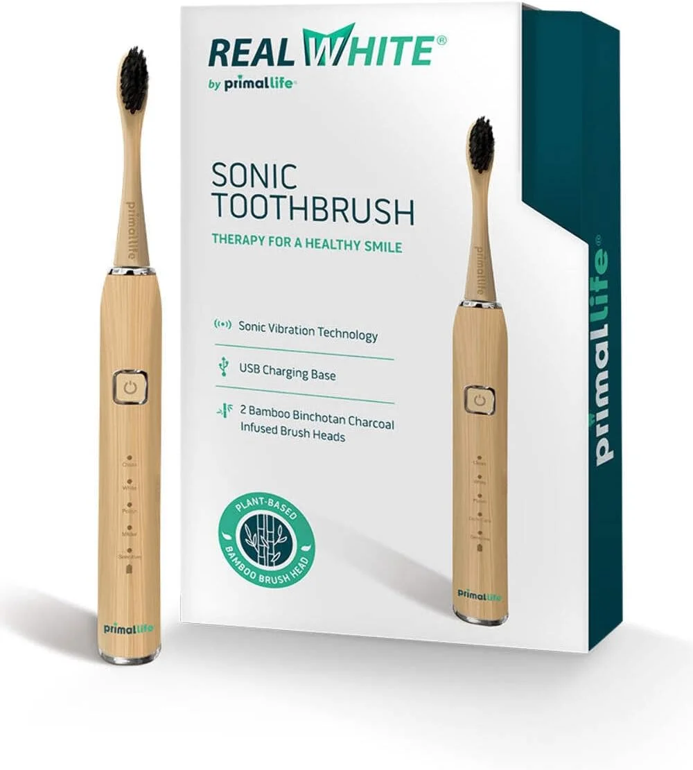 مسواک صوتی ارگانیک پریمِل لایف - مدل Real White، برس آغشته به زغال بامبو، سازگار با محیط زیست، غیر GMO