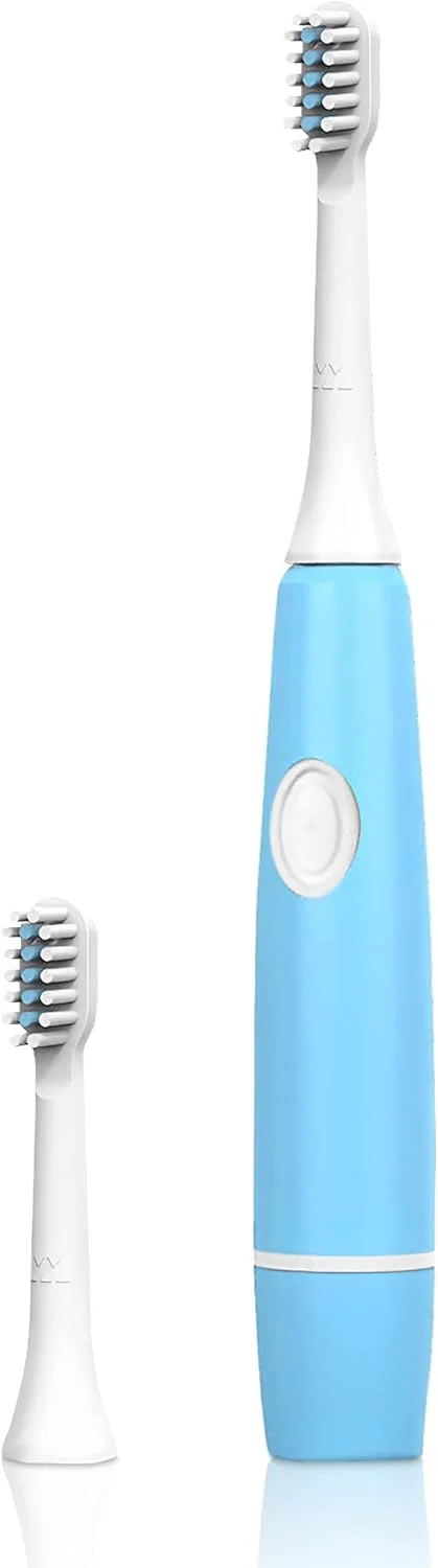 مسواک برقی قابل حمل کودکانه با باتری و 2 سری برس، تمیز کننده عمیق و ضد آب IPX7 - آبی