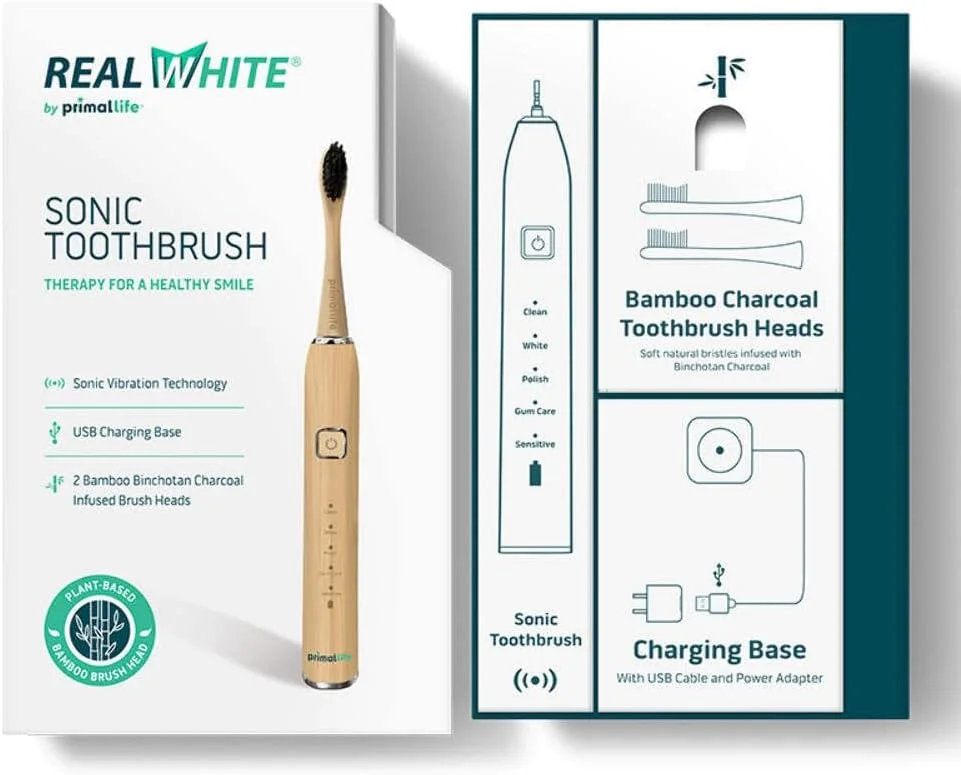 مسواک صوتی ارگانیک پریمِل لایف - مدل Real White، برس آغشته به زغال بامبو، سازگار با محیط زیست، غیر GMO