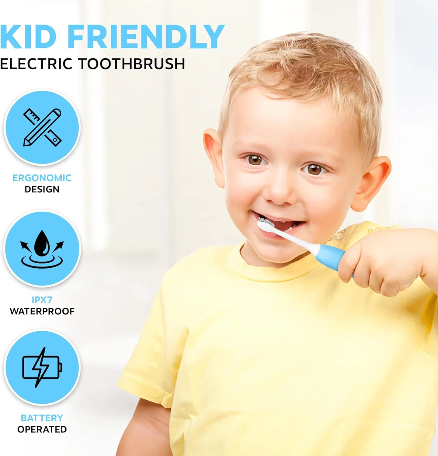 مسواک برقی قابل حمل کودکانه با باتری و 2 سری برس، تمیز کننده عمیق و ضد آب IPX7 - آبی