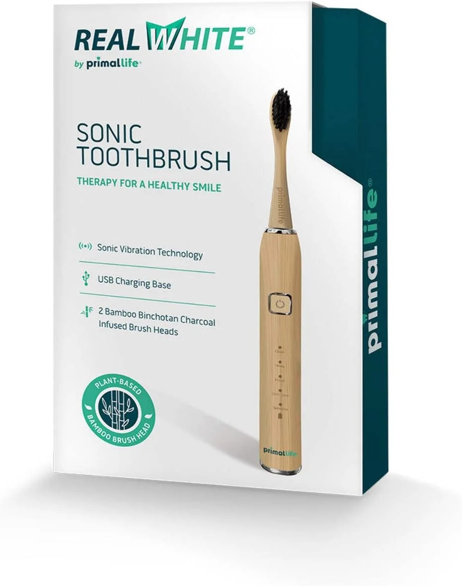 مسواک صوتی ارگانیک پریمِل لایف - مدل Real White، برس آغشته به زغال بامبو، سازگار با محیط زیست، غیر GMO