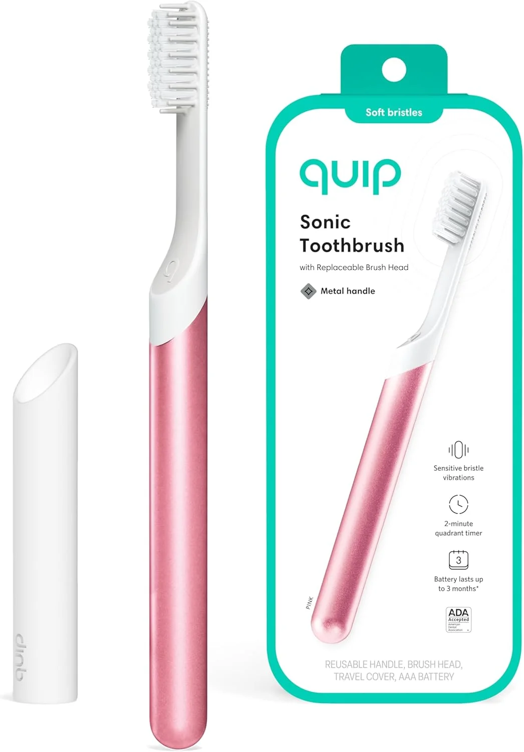 مسواک برقی بزرگسالان Quip - مسواک صوتی با درپوش مسافرتی و پایه آینه، برس نرم، تایمر و دسته فلزی - صورتی مسواک برقی بزرگسالان Quip - مسواک صوتی با درپوش مسافرتی و پایه آینه، برس نرم، تایمر و دسته فلزی - صورتی