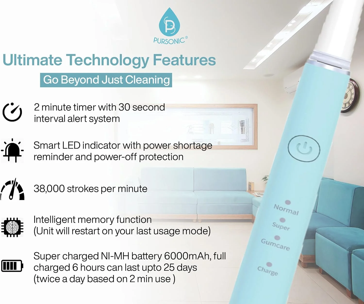 مسواک صوتی شارژی USB Pursonic - دارای 12 سری مسواک! - 38000 ضربه برس در دقیقه - 3 حالت مسواک زدن با تایمر خودکار 2 دقیقه ای (سبز)