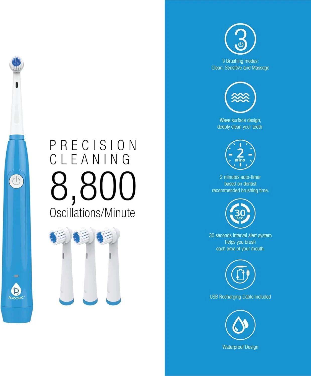 مسواک برقی چرخشی Pursonic، مسواک برقی قابل شارژ USB، 3 سری برس - مسواک صوتی با 8800 دور در دقیقه و 3 حالت تمیز کردن (سفید)