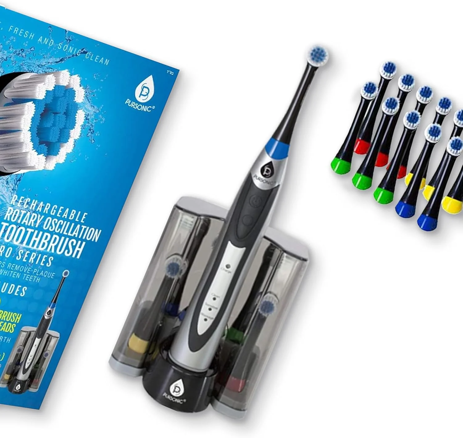 مسواک برقی چرخشی شارژی فوق العاده قدرتمند PURSONIC S330 Deluxe به همراه پایه شارژ و 12 سری مسواک (بسته اقتصادی)