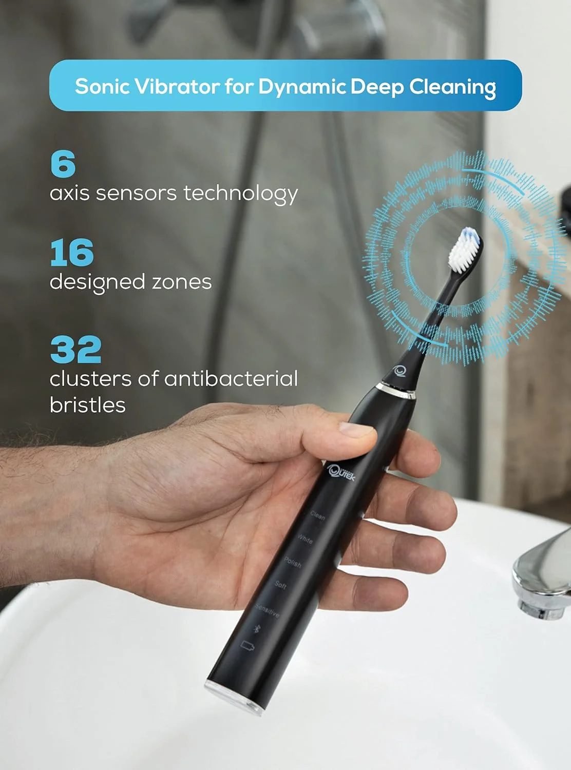 مسواک برقی Qutek DENTiCARE با فناوری هوشمند صوتی، شارژ بی‌سیم، 5 حالت مسواک زدن تا 40000 ضربه در دقیقه، اتصال به اپلیکیشن موبایل iOS و Android