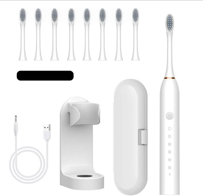 مسواک برقی شارژی، 6 حالت تمیز کردن، دارای 8 سری برس نرم، کیف مسافرتی، ضد آب IPX7، مناسب برای سفر بزرگسالان و کودکان، کمپینگ، هدیه دادن (سفید)