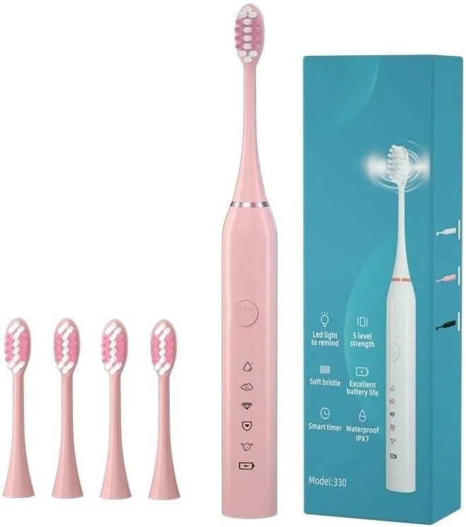 مسواک برقی شارژی، مسواک الکترونیکی با پاکسازی عمیق، ضد آب IPX7، به همراه 4 سری جایگزین (صورتی، 22 x 2.5 سانتی متر)