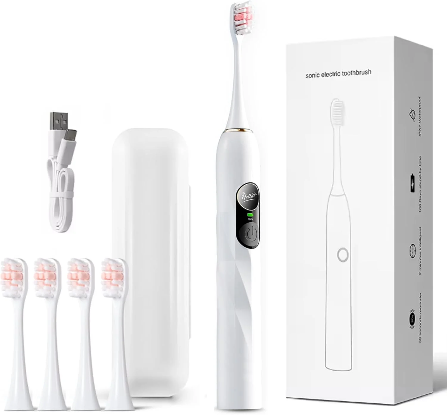 مسواک برقی سونیک دو نمایشگر Reva V3 با 4 سری مسواک برای بزرگسالان، 200 روز با یک بار شارژ، 5 حالت تمیز کردن، ضد آب IPX7