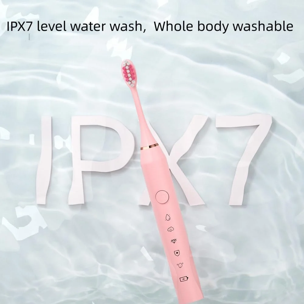 مسواک برقی شارژی، مسواک الکترونیکی با پاکسازی عمیق، ضد آب IPX7، به همراه 4 سری جایگزین (صورتی، 22 x 2.5 سانتی متر)
