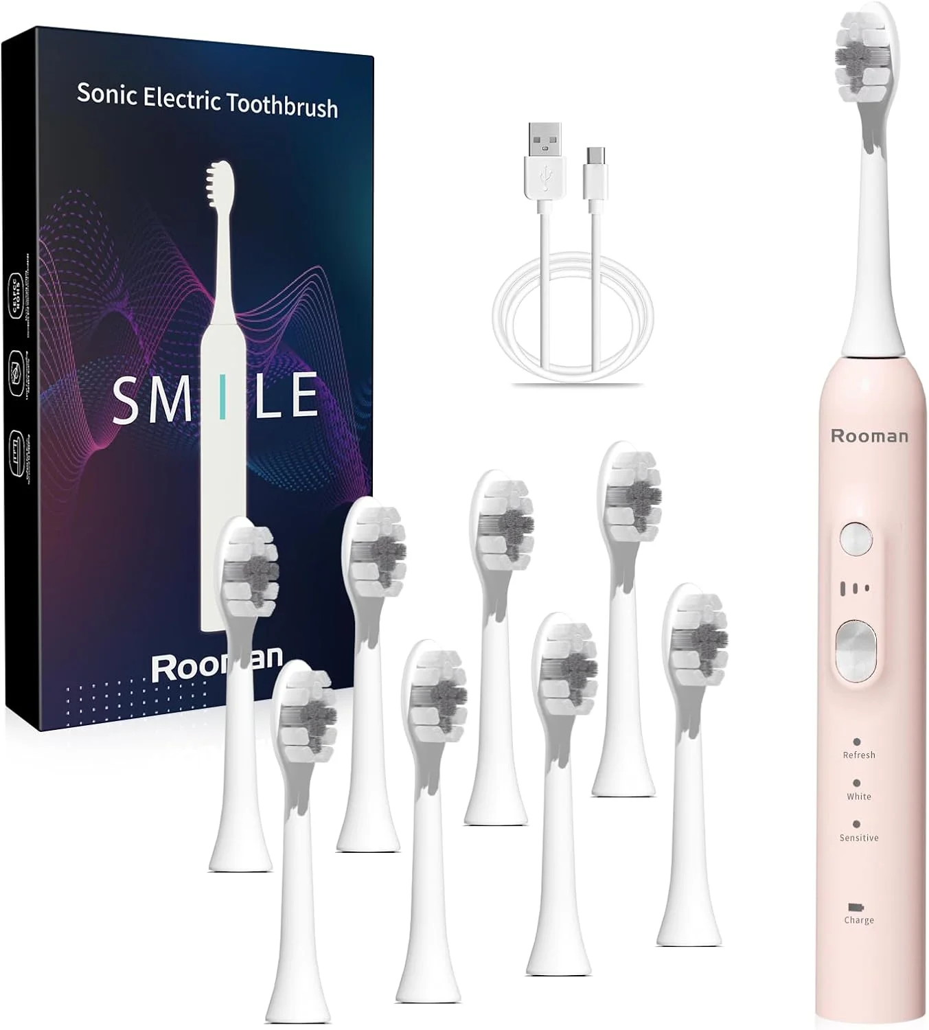 مسواک برقی رومن برای بزرگسالان، 40000 لرزش با فرکانس بالا، دارای 8 سری مسواک، مسواک صوتی با 3 حالت و 3 شدت، ضد آب IPX7، تایمر هوشمند 2 دقیقه ای داخلی (صورتی)