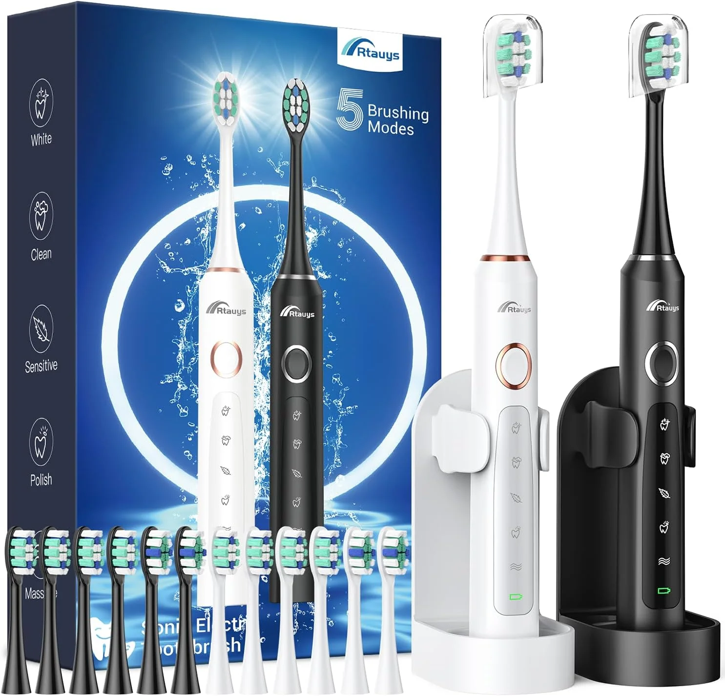 مسواک برقی بزرگسال Rtauys بسته 2 عددی - 2 مسواک برقی قابل شارژ با 12 سری مسواک و 2 کیف مسافرتی، مسواک برقی قدرتمند با پایه نگهدارنده، 120 روز عمر باتری - مشکی+سفید