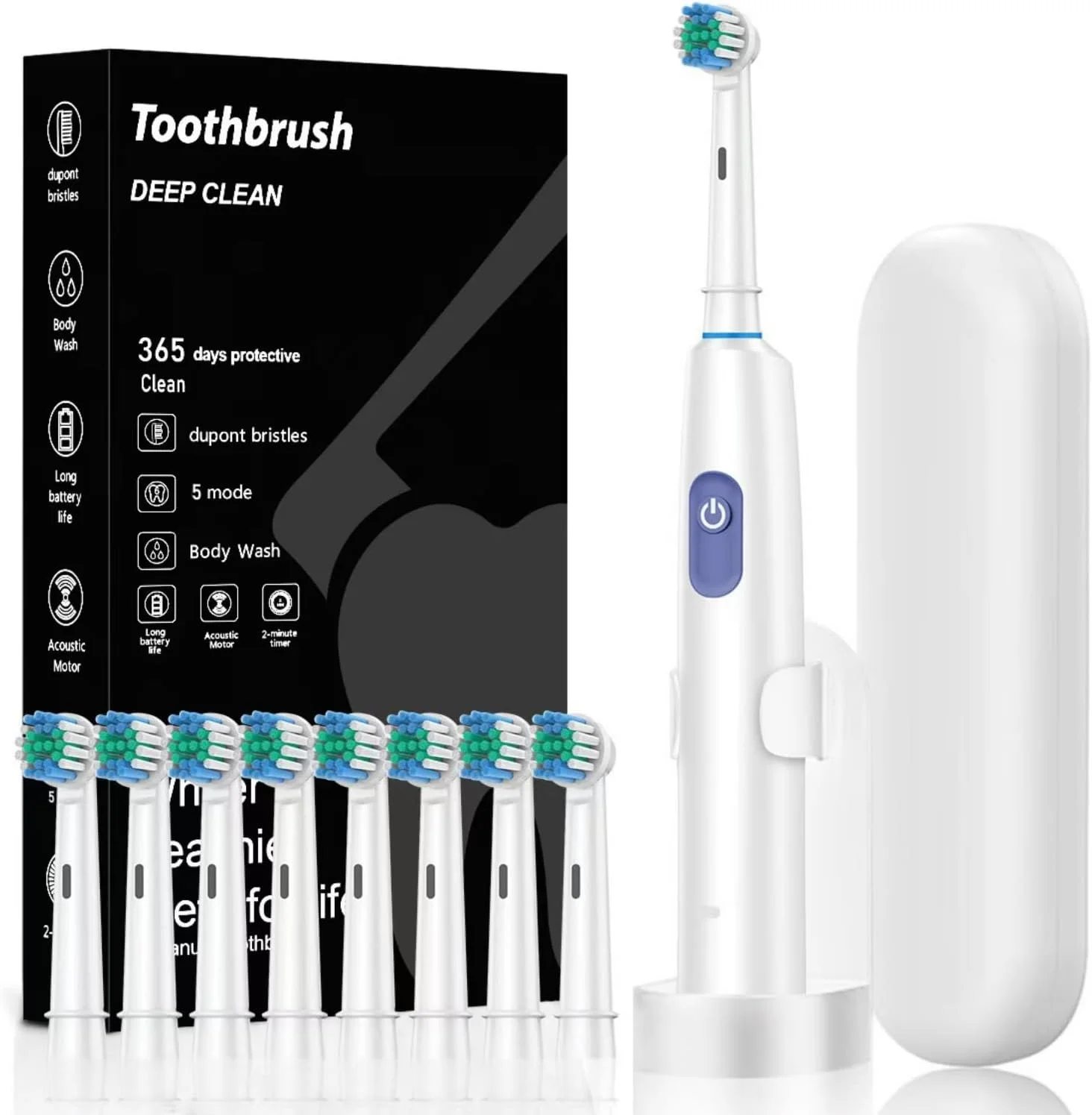 مسواک برقی چرخشی برای بزرگسالان با 8 سری (2 نوع)، 4 حالت تمیزکننده عمیق، با قابلیت شارژ و تایمر هوشمند 2 دقیقه ای، شارژ سریع (سفید)