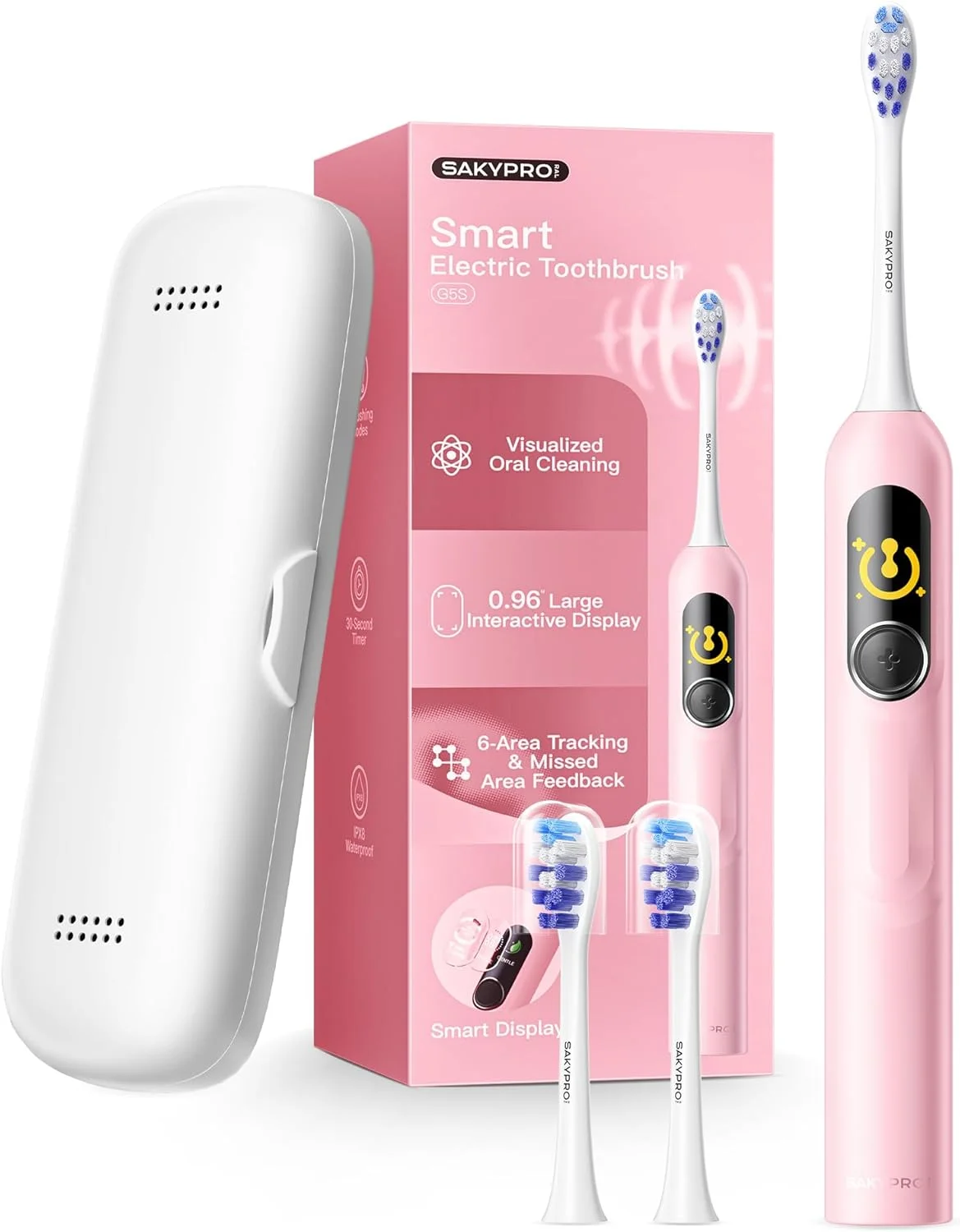 مسواک برقی هوشمند SAKYPRORAL برای بزرگسالان و کودکان | باتری 150 روزه، نقشه مسواک زدن در زمان واقعی | حالت سفید کننده، تایمر 3 دقیقه ای، کیف مسافرتی | مسواک برقی سونیک خانوادگی (G5S صورتی)