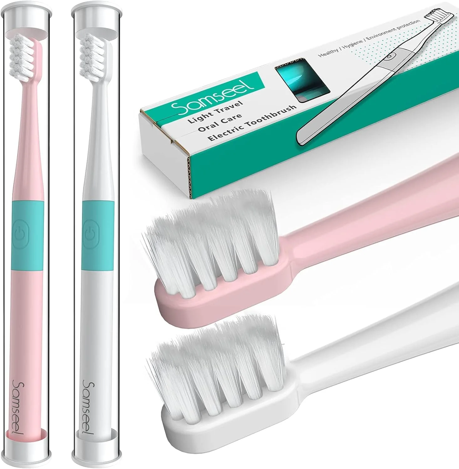 مسواک برقی صوتی Samseel (دو عددی، سفید و صورتی) با ماندگاری 90 روزه، مناسب سفر، ضد آب، طراحی مینی قابل حمل برای مراقبت روزانه از دهان و دندان، مناسب مسافرت های کاری و تعطیلات
