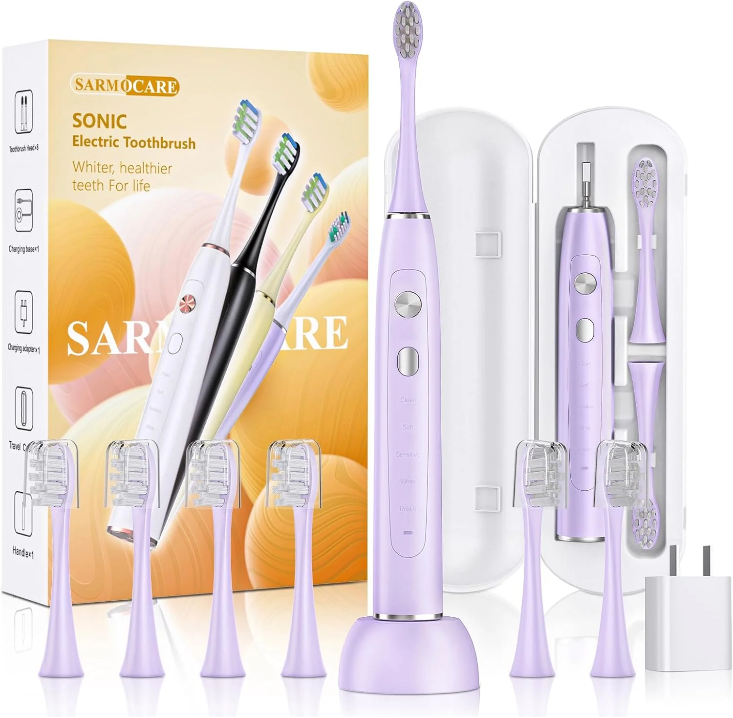 مسواک برقی صوتی SARMOCARE، مسواک قابل شارژ USB برای بزرگسالان و کودکان، مسواک برقی مسافرتی قابل حمل با 2 سر برس، 5 حالت تایمر 2 دقیقه ای، ضد آب IPX7 - آبی