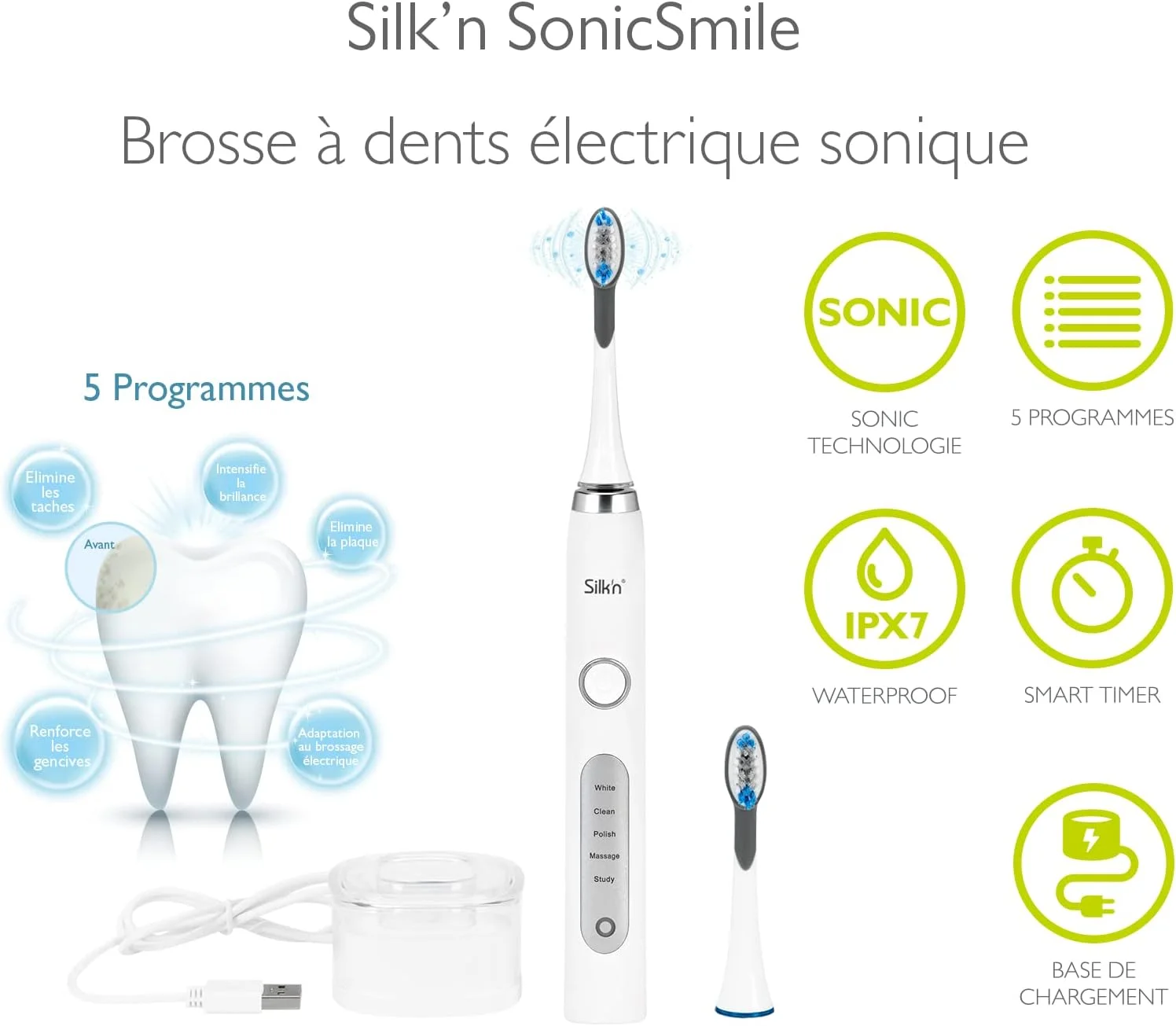مسواک برقی Silk'n با فناوری سونیک، ضد آب، کابل USB، Sonic Smile