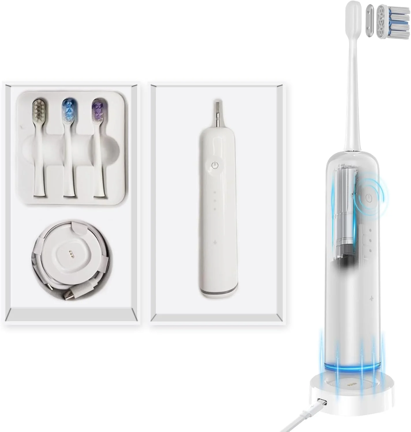 مسواک برقی التراسونیک - سفید کننده با 6 حالت تمیز کردن، فوق العاده ضد آب، شارژ بی سیم - مناسب برای خانه و مسافرت، تمیز کردن دندان بزرگسالان