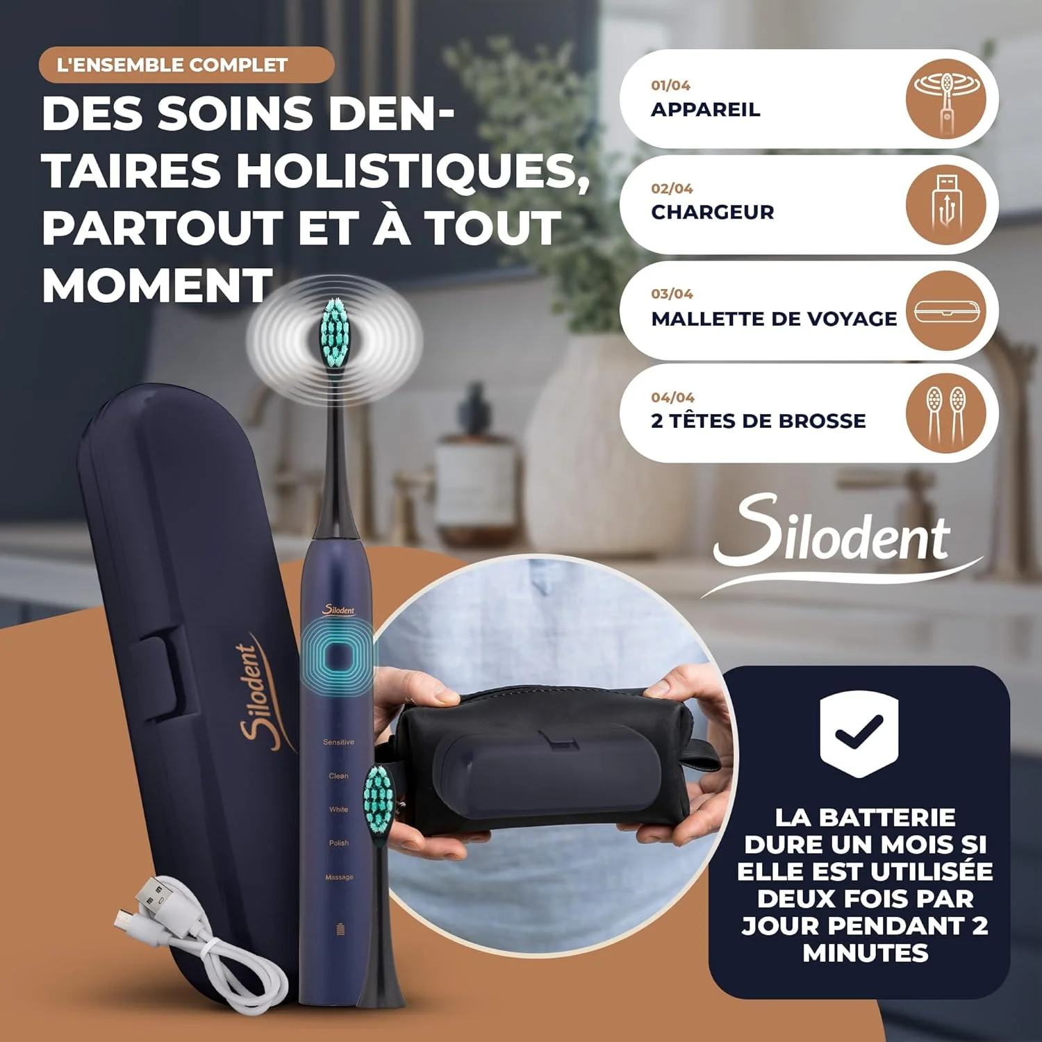 مسواک صوتی | مسواک با برس ضد عفونی کننده | مسواک آبی تیره با 5 برنامه و کیف مسافرتی سازگار با سری مسواک های Philips Sonicare