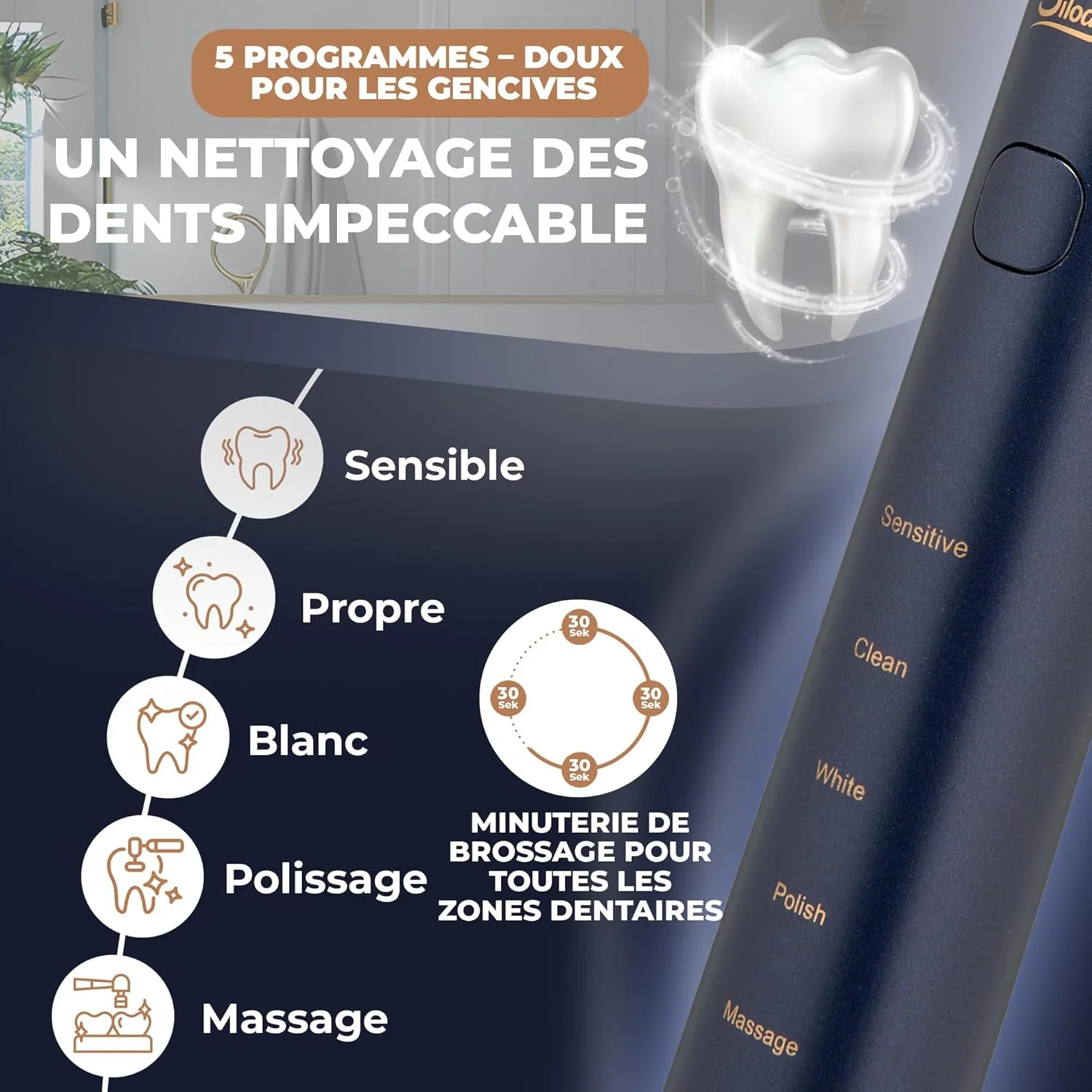 مسواک صوتی | مسواک با برس ضد عفونی کننده | مسواک آبی تیره با 5 برنامه و کیف مسافرتی سازگار با سری مسواک های Philips Sonicare