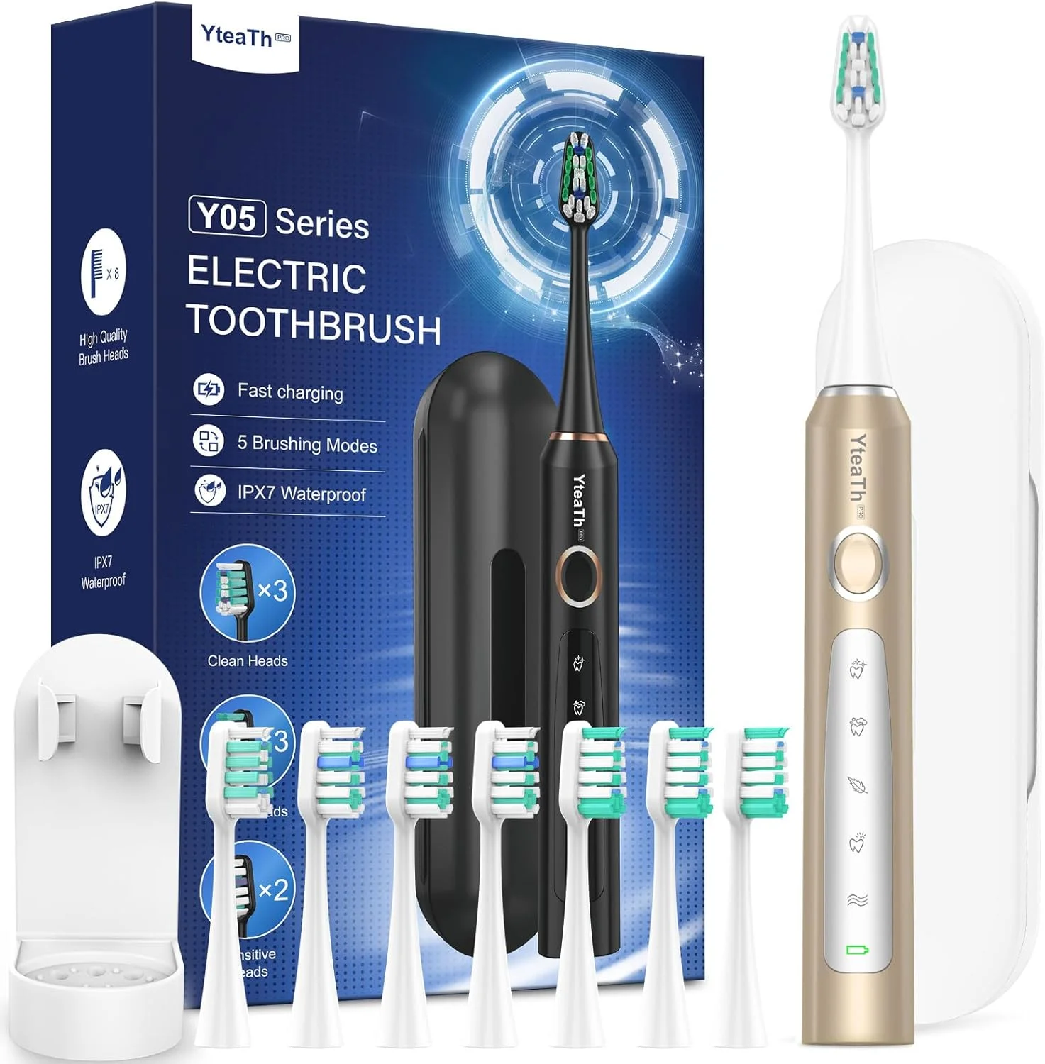 مسواک برقی سونیک برای بزرگسالان - مسواک های سونیک با 8 سری مسواک و تایمر هوشمند 2 دقیقه ای، 90 روز عمر باتری، 5 حالت مسواک زدن، کیف مسافرتی